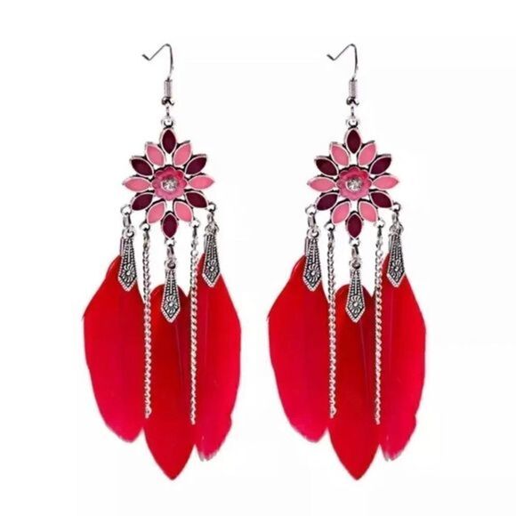 RED flower feather earrings - Picture 1 of 1